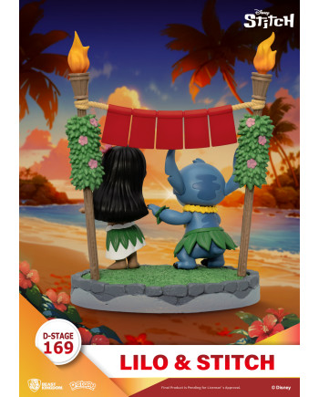 Vue arrière du diorama Lilo et Stitch dansant le hula sous la bannière Aloha
