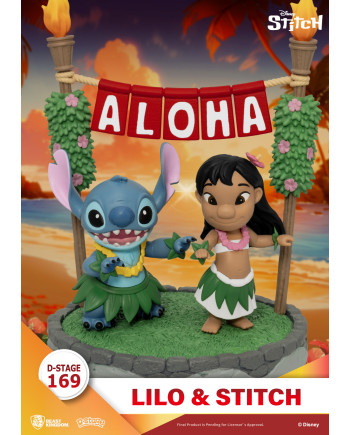 Gros plan sur Lilo et Stitch en tenue hawaïenne dans le diorama Aloha