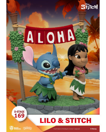 Vue latérale du diorama Lilo et Stitch Aloha avec décor tropical