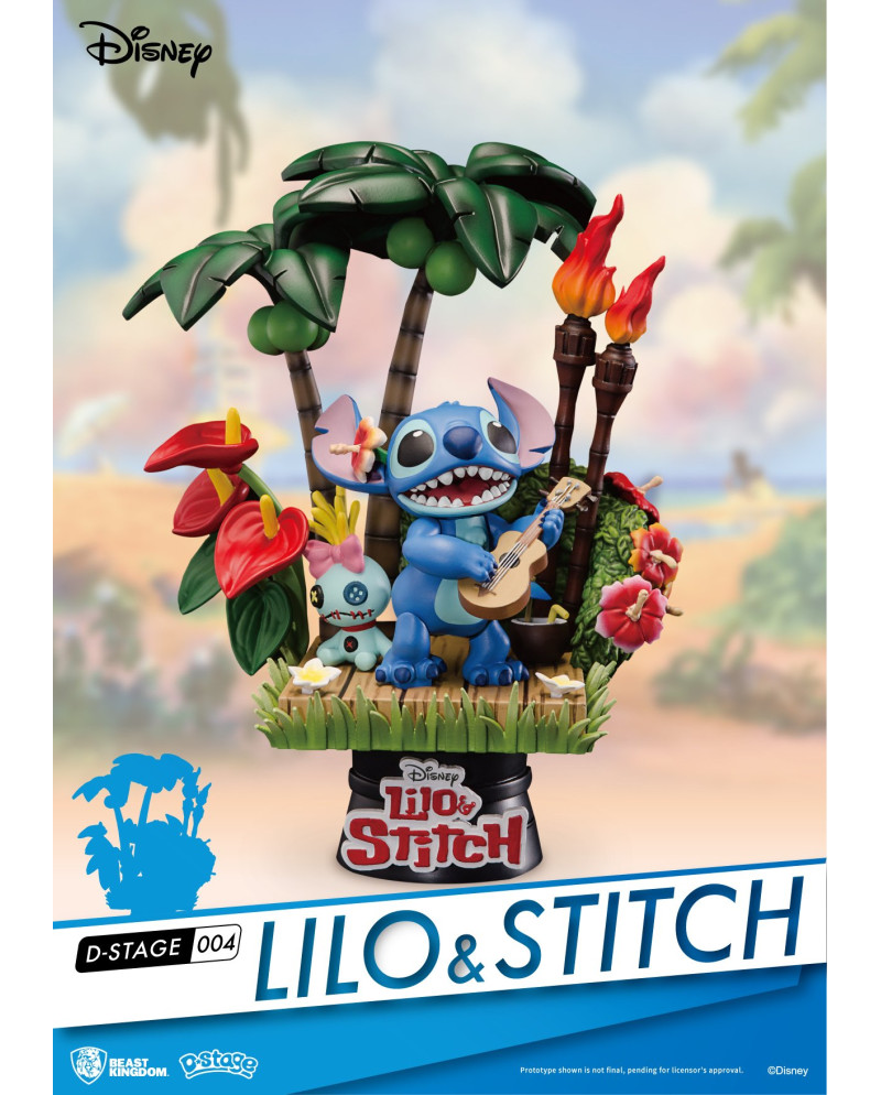 Diorama Stitch Ukulélé D-Stage 14 cm dans un décor tropical hawaïen avec Scrump