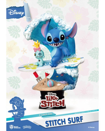 Diorama Stitch Surf D-Stage Summer Series 15 cm avec Scrump et vague tropicale