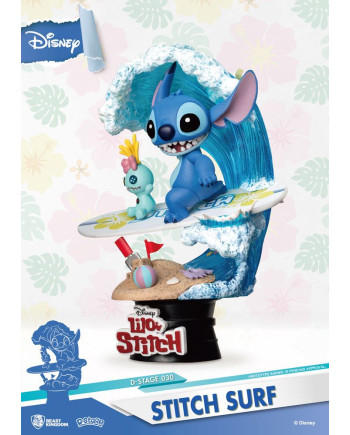 Figurine Stitch et Scrump sur une planche de surf dans le diorama Disney D-Stage 030