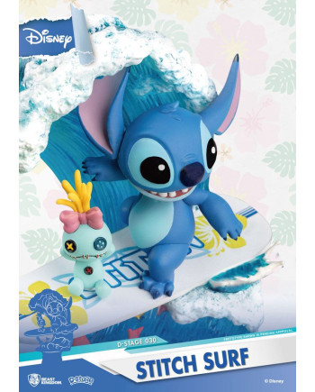 Gros plan sur Stitch en train de surfer avec Scrump – Lilo & Stitch