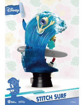 Vue arrière du diorama Stitch Surf avec grande vague et décor de plage