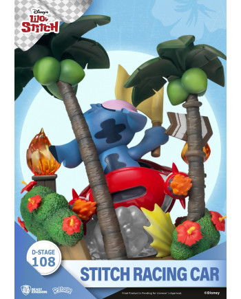 Vue arrière du diorama Stitch D-Stage 108 avec décor hawaïen et voiture futuriste