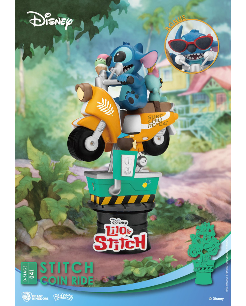 Diorama Stitch Coin Ride D-Stage Beast Kingdom avec scooter rétro, glace et bonus lunettes de soleil