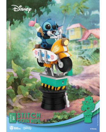 Figurine Stitch sur scooter avec planche de surf dans le diorama Disney D-Stage 15,5 cm