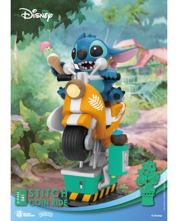 Vue trois quarts du diorama Stitch Coin Ride Beast Kingdom avec scooter orange et glace