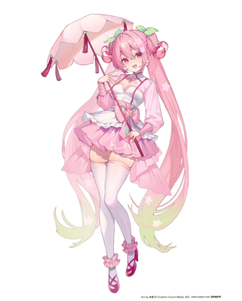 Illustration officielle Hatsune Miku Sakura Dress Version Vocaloid avec ombrelle rose