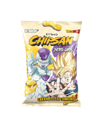 Chips CHIPSAN Dragon Ball Z aux oignons caramélisés, sachet collector avec Goku et Freezer.
