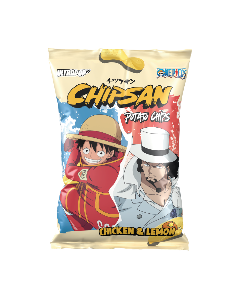 Chips CHIPSAN One Piece saveur poulet citron, sachet collector avec Luffy et Rob Lucci.