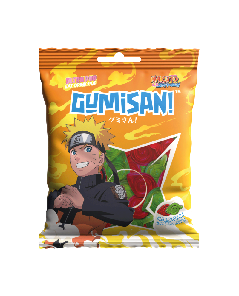 Bonbons gélifiés GUMISAN Naruto Shippuden saveur cerise pomme, sachet collector avec Naruto Uzumaki.