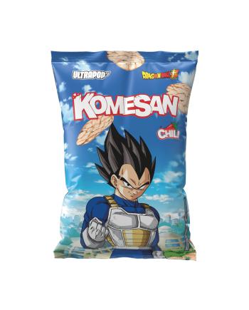 Chips de riz KOMESAN Dragon Ball Super saveur piment 60 g, sachet collector avec Vegeta.