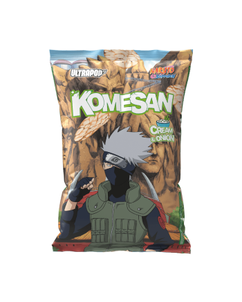 Chips de riz KOMESAN Naruto Shippuden saveur crème et oignon 60 g, sachet collector avec Kakashi Hatake.