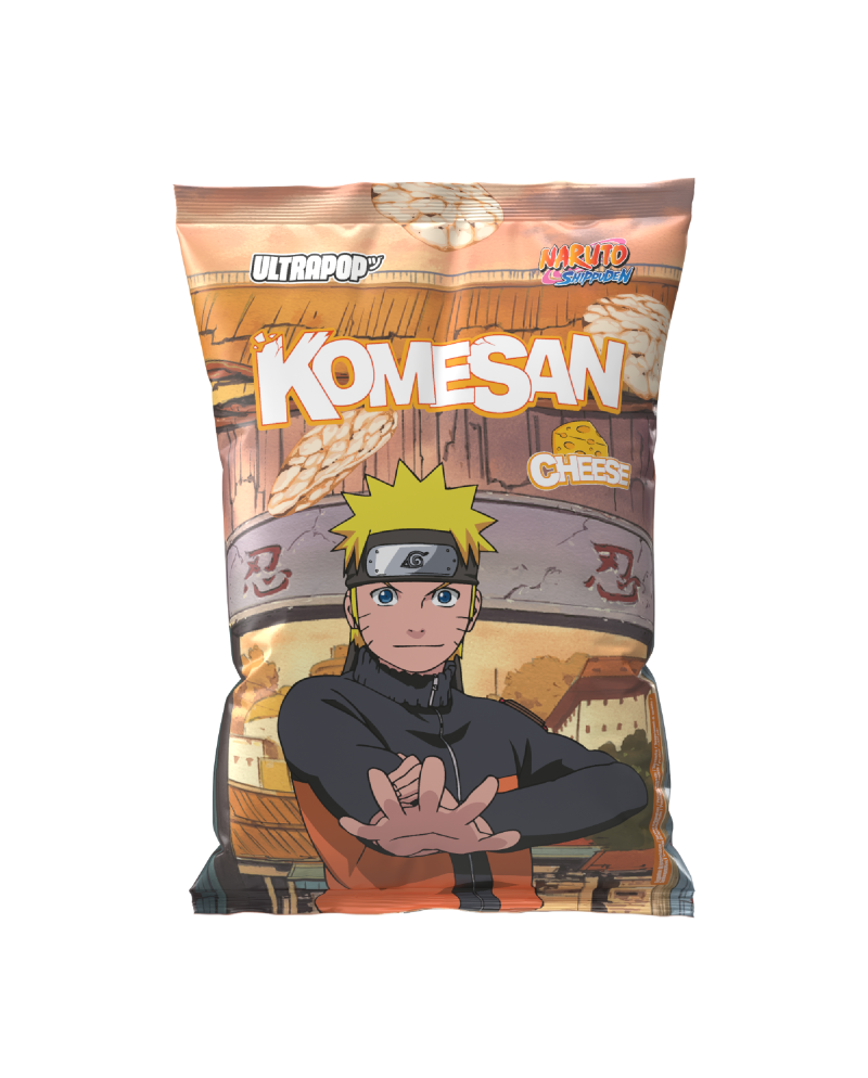 Chips de riz KOMESAN Naruto Shippuden saveur fromage 60 g, sachet collector avec Naruto Uzumaki.