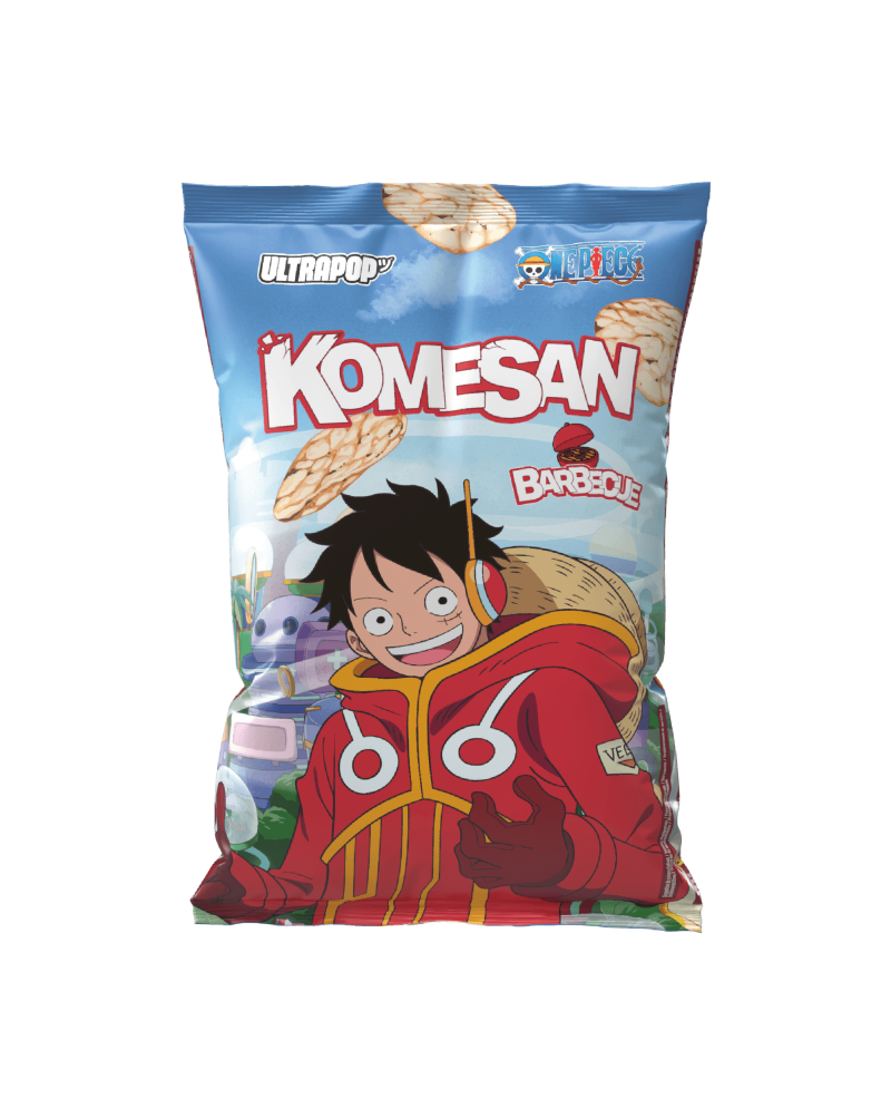 Chips de riz KOMESAN One Piece saveur barbecue 60 g, sachet collector avec Monkey D. Luffy.