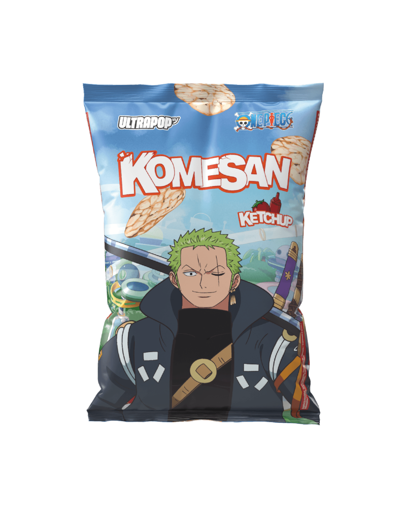 Chips de riz KOMESAN One Piece saveur ketchup 60 g, sachet collector avec Roronoa Zoro.