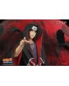 Gros plan sur Itachi Uchiha avec Mangekyo Sharingan et manteau de l’Akatsuki