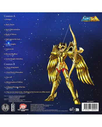Dos du vinyle Saint Seiya Music Collection Vol. 5 avec Seiya en armure d’or et liste des morceaux