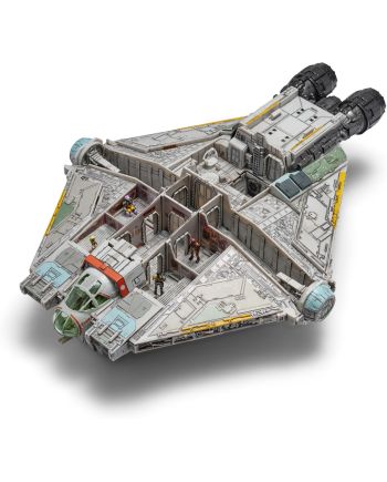 Figurine et vaisseau Le Ghost présentés ensemble, univers Star Wars Rebels