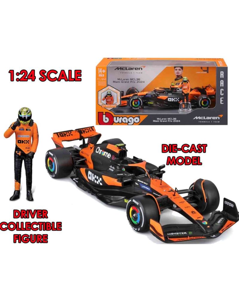 Modèle réduit Bburago F1 McLaren MCL38 avec Norris à l'échelle 1/24 - vue principale