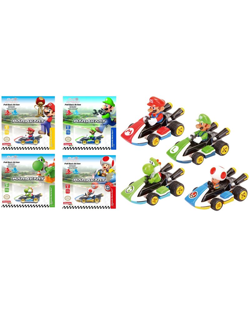Display Mario Kart 8 Carrera avec 12 figurines pull back Mario, Luigi, Yoshi et Toad sous licence Nintendo