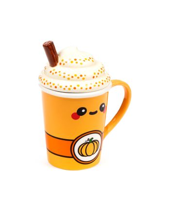 Mug Kawaii Latte Citrouille Épicé avec couvercle 3D 325ml - vue de face