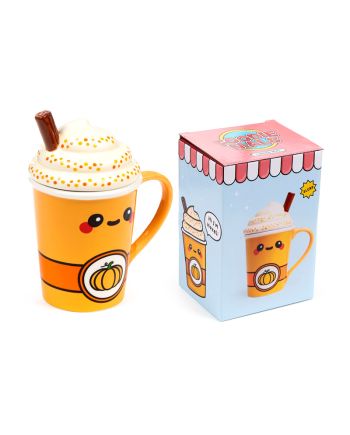 Mug Kawaii Latte Citrouille Épicé - détail du couvercle décoratif 3D