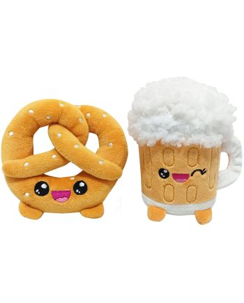 YUMMIES - Bretzel & Bière - 2 Peluche 15cm dans sac en peluche 21x21cm - vue de face