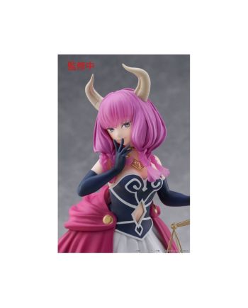 Vue rapprochée de la figurine Aura The Guillotine mettant en valeur sa chevelure rose, ses cornes, sa tenue et sa balance.