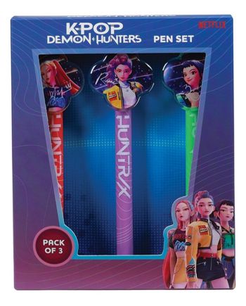 Détail des 3 stylos K-Pop Demon Hunters, papeterie sous licence