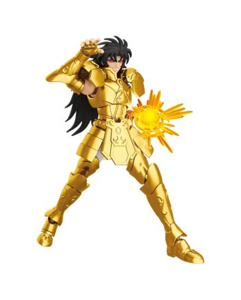 Saga des Gémeaux Saint Seiya Blokees Champion Class en armure dorée avec effet d’énergie et accessoires interchangeables.