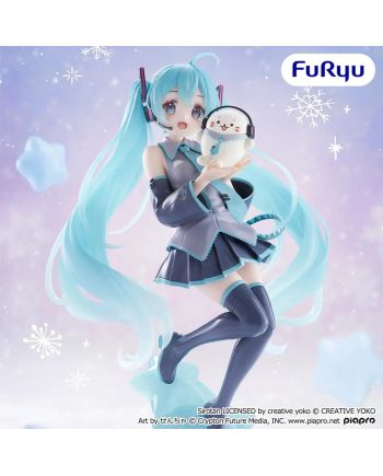 Hatsune Miku tenant Shirotan, dans une pose aérienne aux longues couettes turquoise.