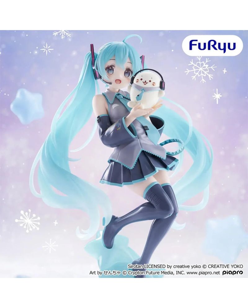 Hatsune Miku tenant Shirotan, dans une pose aérienne aux longues couettes turquoise.