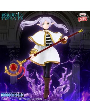 Frieren EFFECTREME Banpresto 20 cm avec bâton magique et effets violets dans une ambiance fantastique.