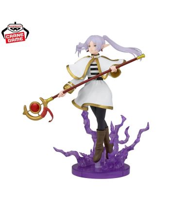 Figurine Frieren EFFECTREME Banpresto, tenue blanche et dorée avec socle magique violet.