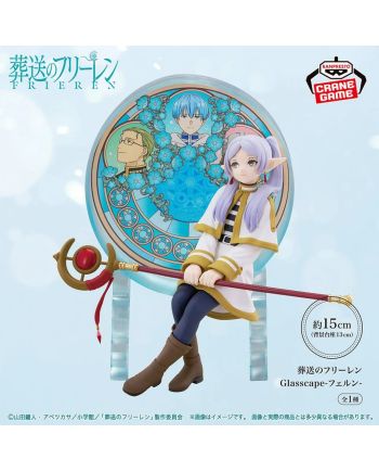 Figurine Frieren Glasscape de Banpresto avec décor turquoise représentant Himmel, Heiter et Eisen.