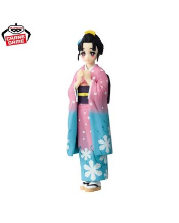 Vue de trois quarts de la figurine Koyuki avec son kimono fleuri et sa coiffure traditionnelle.